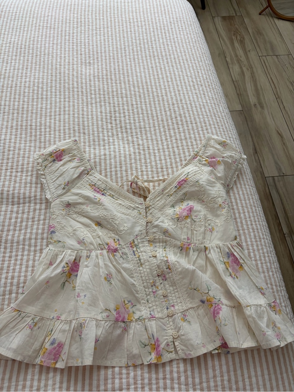 Target Ivory Floral Ruffle Peplum Blouse with Pink and Yellow Blooms